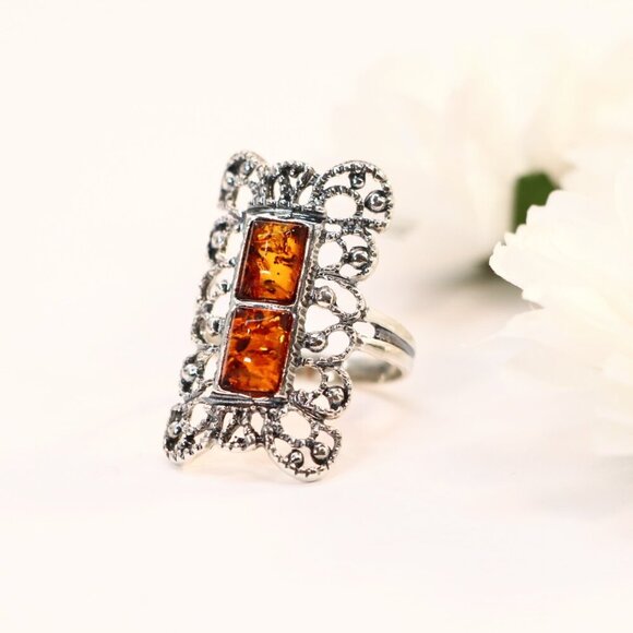 Baltic Amber Filigree Boho Ring in 925 Sterling Silver - Picture 1 of 5